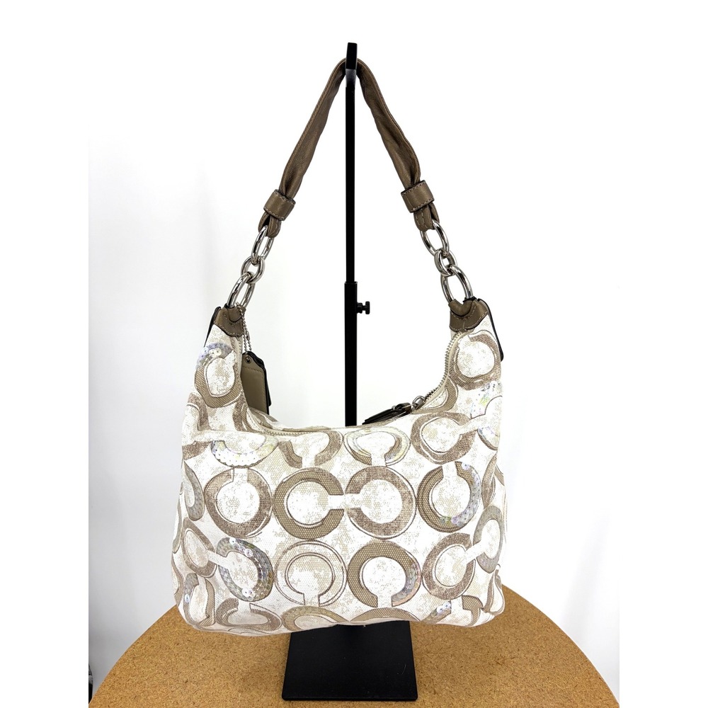 Coach Poppy Signature Sequin Applique Hobo Bag Khaki Cream 16791 with Pouch - Picture 2 of 8